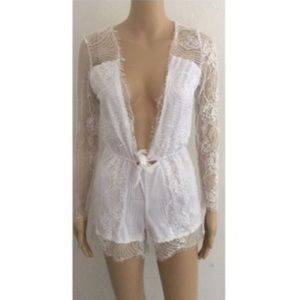 White Lace Front Knot Plunging Deep V White Romper